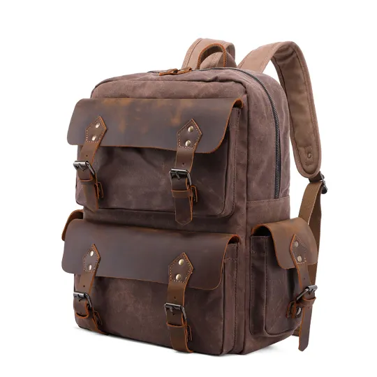 Retro Crazy Horse Leather & Wax Canvas Travel Backpack